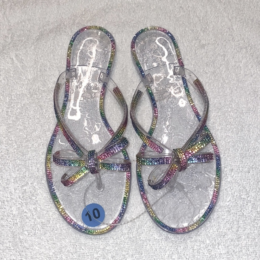 NWT Forever Clear Rainbow Rhinestone Bow Jelly Flip Flop Various Sizes